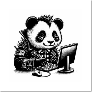 Punk Rock Goth Panda on Computer Vintage Style Posters and Art